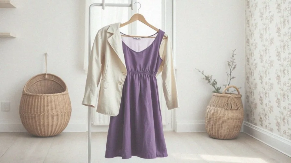 Dlaczego beżowa marynarka idealnie pasuje do fioletowej sukienki?